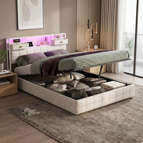 Superaly - Lit coffre capitonné 140x200 cm - Rangement hydraulique -Ttête de lit avec tiroirs amovibles - Éclairage LED - Port USB - Lit double - Pour adulte et adolescent - Velours - Beige (1/5)