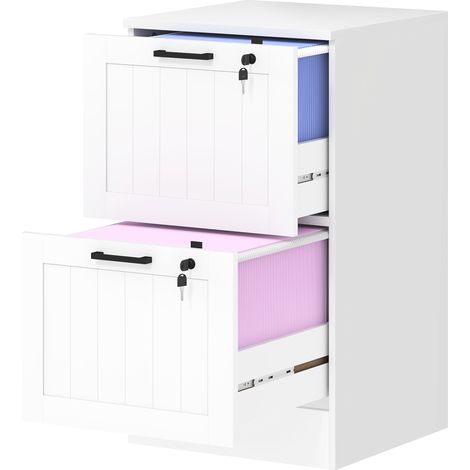 Caisson de bureau bois 2 tiroirs serrure barres suspension réglables 40x40x71 cm blanc