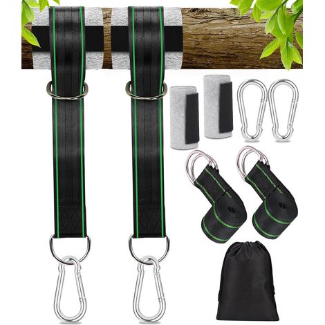 Fixation de Balançoire et Hamac sangle 2 x 200 cm, Kit de Sangle de Suspension avec D-Ring, Protection d'Arbre, pour Camping et Fauteuil Suspendu, Vert