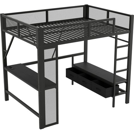 Cama alta metálica 140 x 200 cm negra con escritorio USB LED, armario abierto y 3 cajones MODENUIT (1/5)