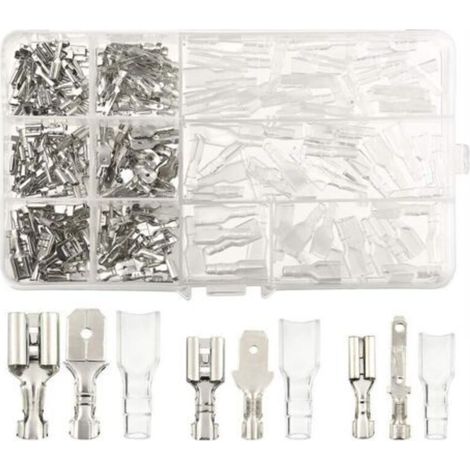 FITAGS 270 pcs Cosse electriques,Connecteur de fil T-Connector, mâle femelle Spade Connecteurs de fils Crimp terminal Block avec isolant Sleeve 2,8 mm 4,8 mm 6,3 mm