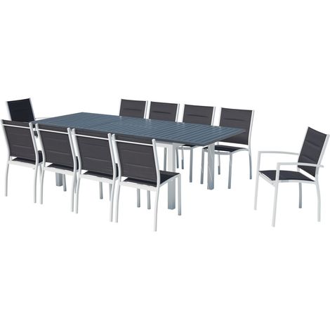 Gartentisch ausziehbar und 10 Stühle aus Aluminium/weißem PVC-Gewebe AREZZO