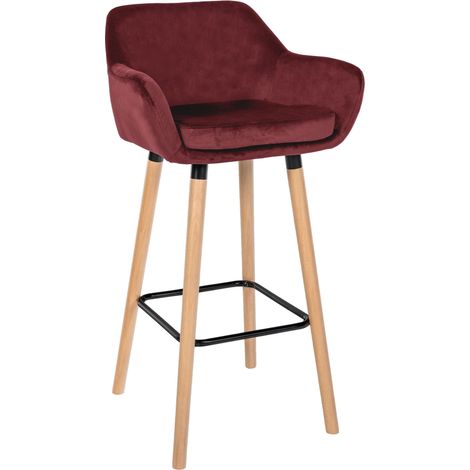 Taburete de bar x1 diseño escandinavo terciopelo rojo estructura de madera reposapiés de metal 100006252 (1/5)