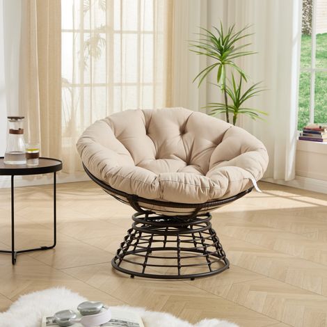 Fauteuil Papasan rotin – 360° – Coussin épais – Marron/beige – Salon/Chambre/Lecture – Velours côtelé (1/5)