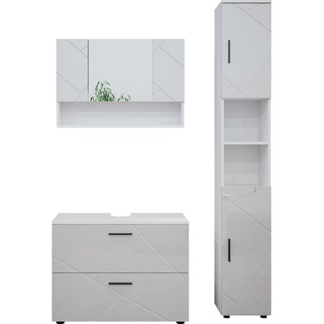 Conjunto de muebles de baño Irma, Blanco alto brillo, 3 piezas, mueble bajo 80 cm, Vicco