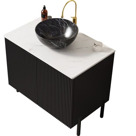 Meuble vasque salle de bain 76 cm noir et blanc avec vasque céramique effet pierre, plateau en pierre frittée Carrara, double porte soft-close  CHICFURN (1/5)