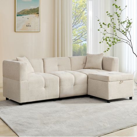 CHICFURN Sofá esquinero 204 x 126 x 69 cm de chenilla beige con almacenaje y 2 cojines (1/5)