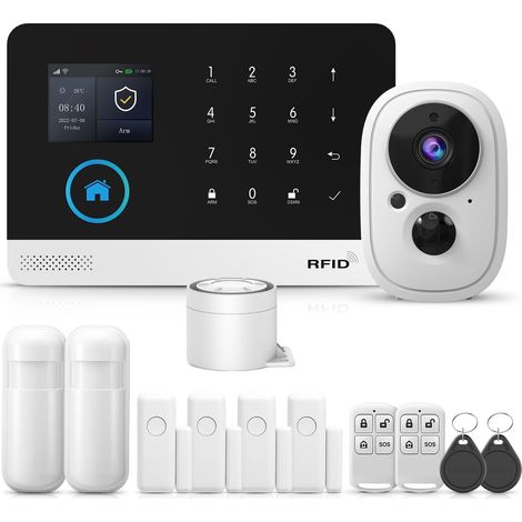 Système d'alarme WiFi avec caméra de sécurité HD, capteurs d'alarme de Porte, capteurs de Mouvement PIR, alertes instantanées Via l'application, Compatible avec et