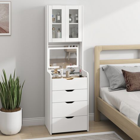 Schminktisch mit 3-farbiger LED-Beleuchtung, Klappspiegel, gepolstertem Hocker, 3 Schubladen und Ablagen, Weiß (1/5)