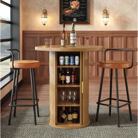 Conjunto de mesa de bar redonda con almacenamiento y 2 taburetes, acabado madera, MDF y metal, 60x60x91,6 cm