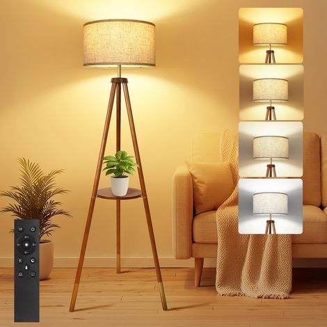 Lampadaire Trépied Dimmable avec Télécommande, Noyer Doré 4 températures de couleur, minuterie 1H, bois, abat-jour en lin, salon, chambre, bureau (1/5)
