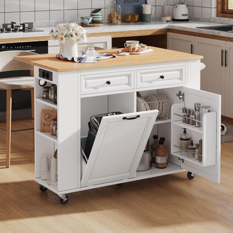 Îlot de Cuisine Mobile avec Plan de Travail Extensible, Compartiment pour Poubelle, Porte-Serviettes et multiples rangements, Desserte de Cuisine sur Roulettes pour Cuisine et Salle à Manger