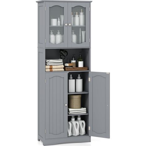 COSTWAY Armadietto Salvaspazio 60 x 30 x 164cm, Mobile Bagno con Scomparti Aperti, Ripiani Regolabili e 2 Porte in Vetro Temprato, Armadio da Bagno per Ufficio, Soggiorno e Camera da Letto (Grigio) (1/5)