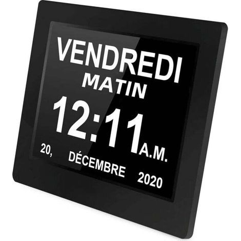 8 Pouces Horloge numérique Horloge de Jour Grand écran réveil Horloge Murale horloge Alzheimer pour parents (Noir)