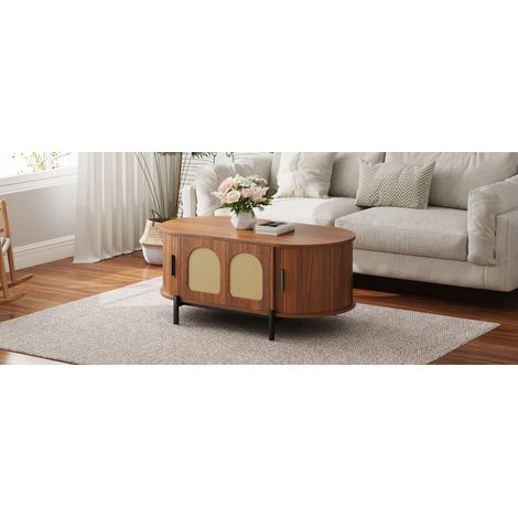 Table basse ovale en rotin, portes coulissantes, aspect bois, pieds métalliques, meuble salon multifonctionnel avec rangement (1/5)