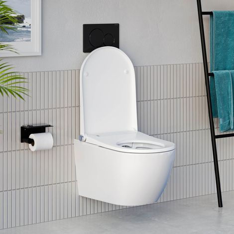 BERNSTEIN - Pack WC japonais Basic 1102 + Bâti-support Geberit, Toilettes suspendu lavant - 38x59x38cm - Plaque Noir Brillant (1/5)