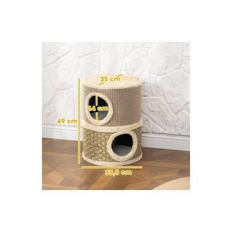 Tonneau griffoir, 49 cm de haut, Ø35,5 cm, tonneau à chat à deux étages avec bordure peluche et tapis griffoir, 2 grottes kaki+café (1/5)