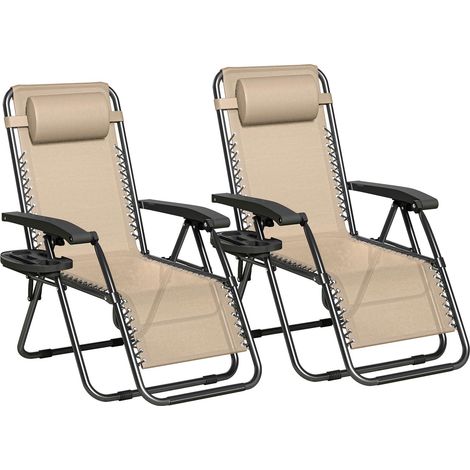 Set of 2 Zero Gravity Reclining Folding Outdoor & Garden Chairs with Textilene Fabric, Cup Holder and Headrest Pillow BLACK FRAME & CREAM TEXTILENE (1/5)