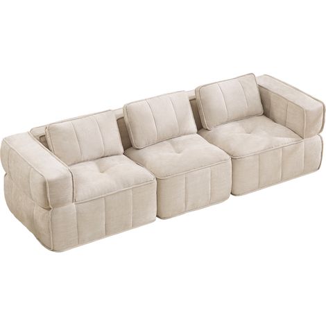 Canapé 3 places modulaire beige en tissu, design sans cadre, assise profonde, base antidérapante, sans montage, idéal pour salon moderne CHICFURN (1/5)