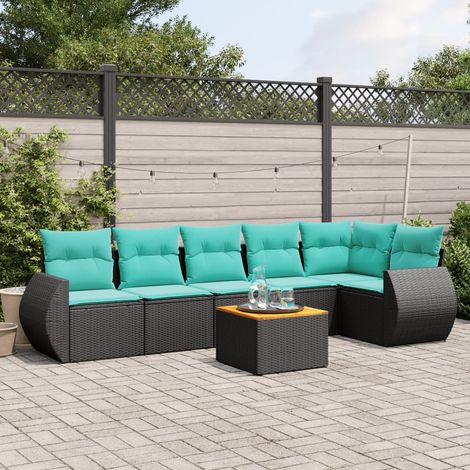 7-teiliges Gartensofa-Set mit Kissen, schwarzes Polyrattan (1/5)