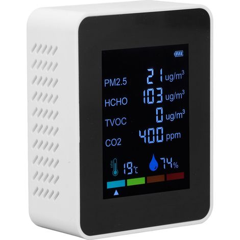 Détecteur de qualité de l'air 6-en-1, capteur infrarouge PM2.5, moniteur CO2, rechargeable USB (avec batterie intégrée), blanc (1/5)