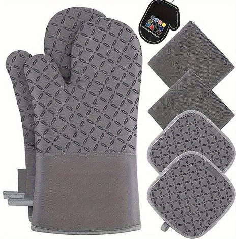 Ensemble de 6 maniques grises - Résistantes à la chaleur jusqu'à 500 °C - Modèle extra long - Revêtement antidérapant en silicone - Idéales pour la cuisson, la pâtisserie et les poêles chaudes (1/2)