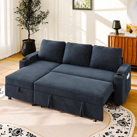 Canapé d'angle Convertible 3 Places, canapé lit avec Rangement intégré et accoudoirs multifonctionnels, idéal pour Salon, Bureau et Petit Appartement, Design Moderne et Pratique,Bleu Marine (1/5)