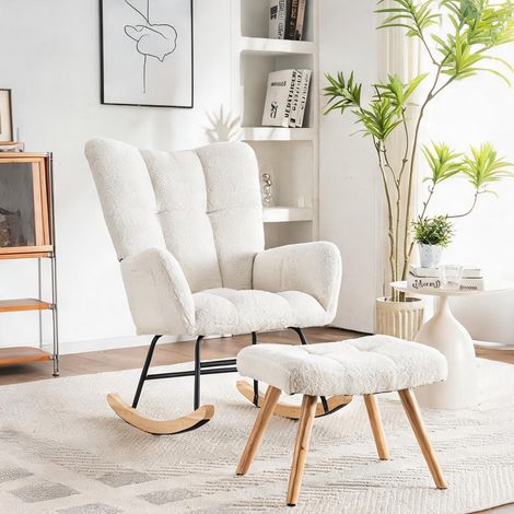 Fauteuil à bascule blanc ergonomique avec pouf bois d'hévéa (1/5)
