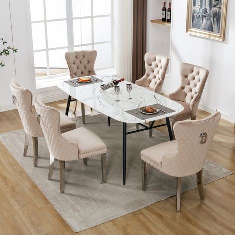 Set di 6 sedie da pranzo imbottite con borchie decorative, beige (1/5)