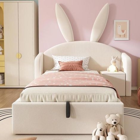 Lit enfant - KOMHTOM - Oreilles de lapin - Velours beige - Coffre hydraulique - 90x190 cm (1/5)
