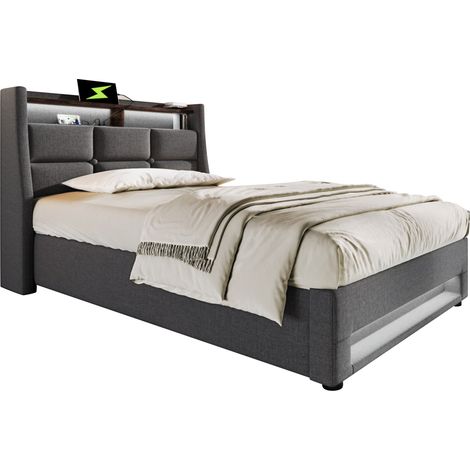 Letto Contenitore 90×200 cm, Letto Singolo con USB, LED e Ripiano, senza Materasso, in Lino, Grigio (1/4)