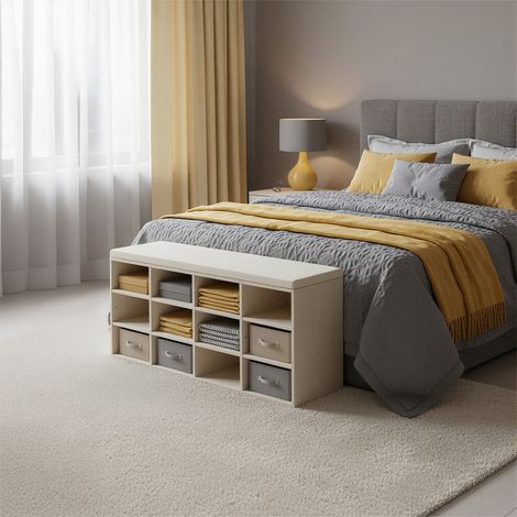 Banc à chaussures avec Assise Rembourrée, Étagères Réglables, 12 Compartiments, Beige (1/5)