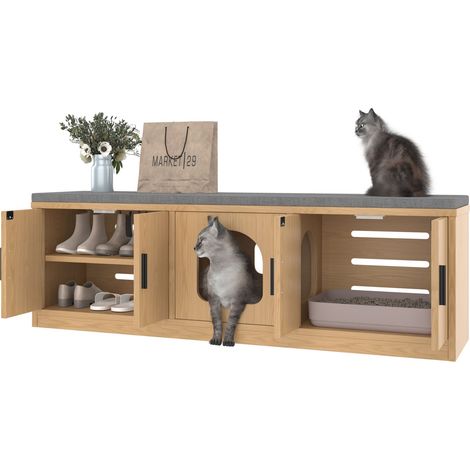 Mueble Oculto Para Gato 4 en 1 con Estantes Ajustables y Alfombrilla Rascadora, Estilo Roble, en Tablero, 140×40×45,5 cm (1/5)