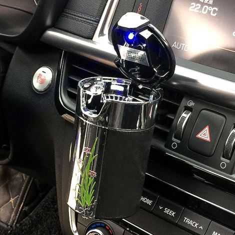 Cenicero Portátil Para Automóvil MINKUROW Con Tapa Y Luz Led Azul Para Portavasos O Ventilación (Negro) (1/4)