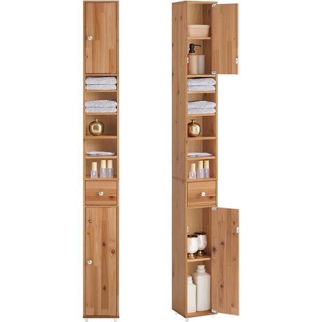 Sobuy – Meuble colonne salle de bain en bois massif – Armoire étroite avec tiroir et étagères réglables – Dimensions 20x20x180 cm – BZR34IISH (1/5)