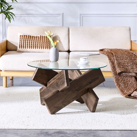 Table basse ronde 79 cm en MDF et verre, plateau transparent, base coloris noyer HAVRYA (1/5)