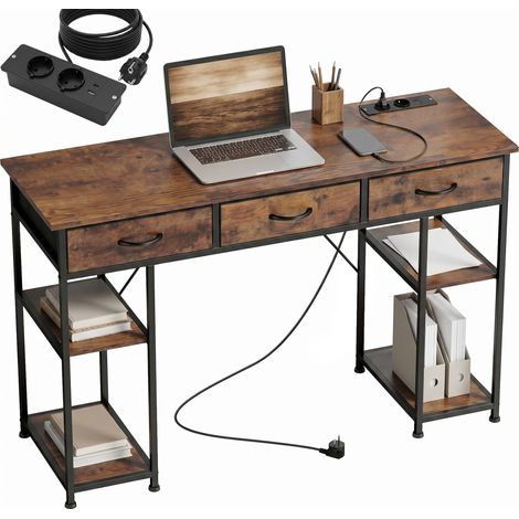 Bureau avec rangement - HOMCOM - prises de courant, 3 tiroirs en tissu et 4 étagères de rangement - 120 x 40 x 76 cm - marron (1/5)