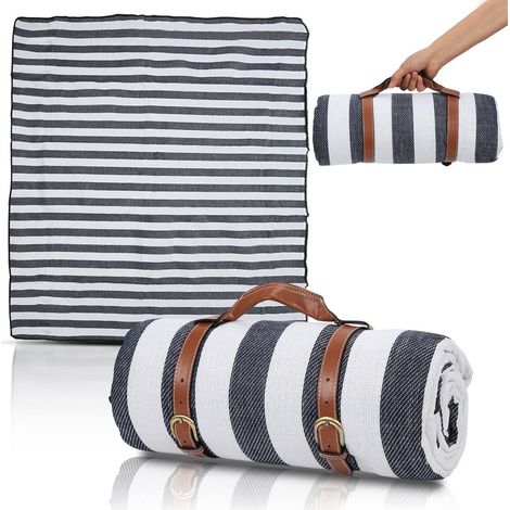 Picknickdecke 200x200cm wasserdicht & warm Reisedecke, Stranddecke, leicht & kompakt XXL, Camping-, Outdoor-, Garten-, ultraleichte Matte, blau & weiß gestreift (1/5)