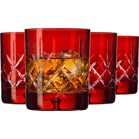 Verres à Whisky, Bourbon et Scotch 250 ml, Lot de 4, Collection Saga, Verre en Cristal, Faits à la Main, Rouges, Taillés, Idéal comme Cadeau (1/5)