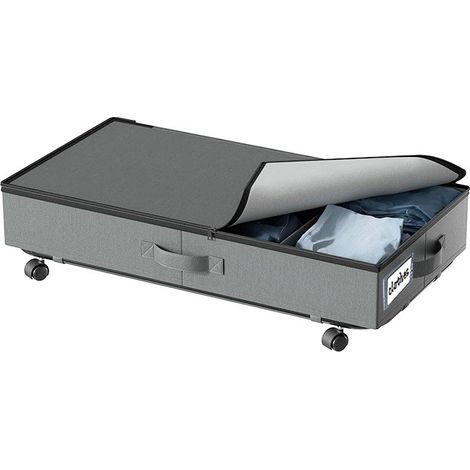 Coffre de rangement grande capacité à roulettes, à glisser sous le lit, pliable, en tissu, avec couvercle gris transparent. Lot de 1. (1/5)