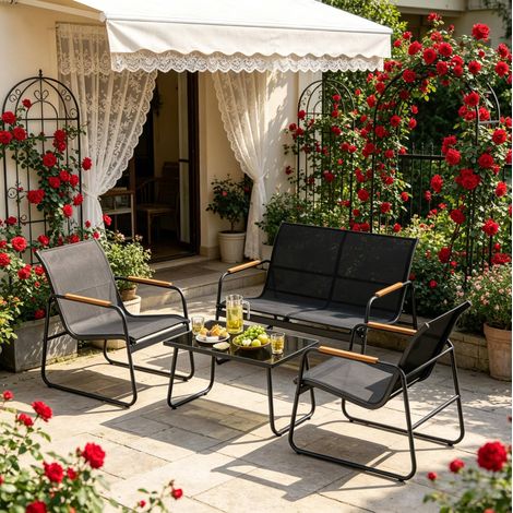 Conjunto de jardín de 4 piezas 111,5x76,5x75 cm de metal negro FloraGrace (1/5)
