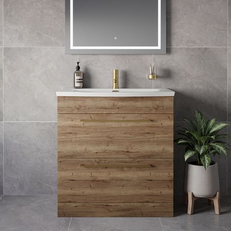 Napoli 390 Tobacco Oak 800mm 2 Drawer Vanity Unit with Arc Basin - 800mm - Brushed Brass 480mm Handle