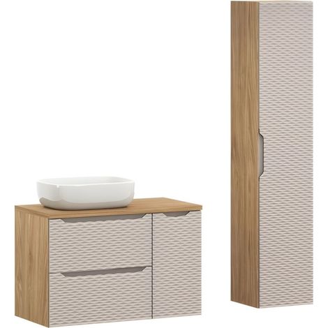 Set da bagno YOKA beige: mobiletto sottolavabo 90 cm + piano per lavabo + lavabo da appoggio + colonna di stoccaggio