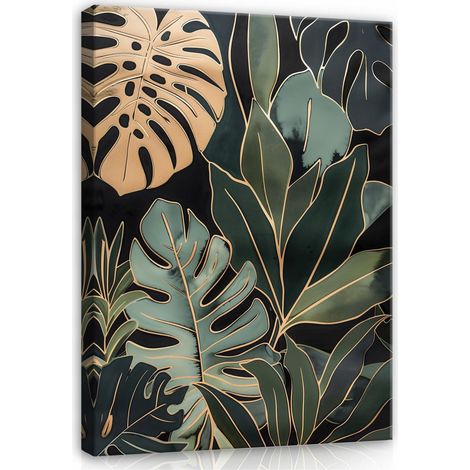 Peinture feuilles d'or vertes sur toile Murale pour chambre salon 40x30 (1/3)