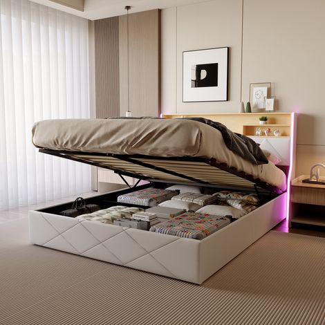 Lit coffre 160x200 cm – Lit double – Lit à pression d'air – Éclairage LED – Port USB - Sommier à lattes – Design moderne – cuir Blanc (1/5)
