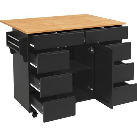 Isola cucina mobile nera in MDF con 8 cassetti, armadio, ruote e piano ribaltabile (1/5)