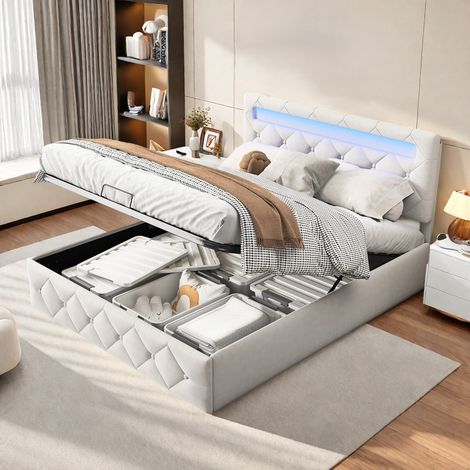 Lit adulte avec sommier lattes en métal–Lit coffre 140 x 200 cm–Tête de lit capitonnée en velours–Éclairage LED réglable–Capacité de charge 350 kg–Beige
