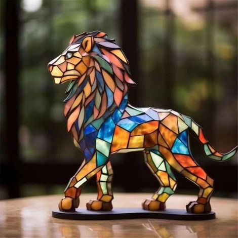 Irovami Statue lion décorative – métal sur branche, coloré, bureau, cadeau artisanat (1/5)