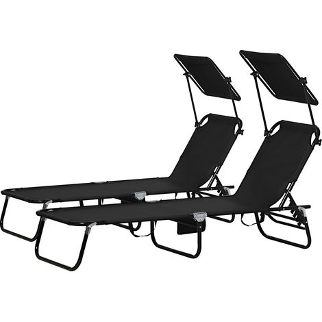Ensemble de 2 chaises longues pliantes de jardin avec pare-soleil, dossier réglable en hauteur sur 5 positions, noires