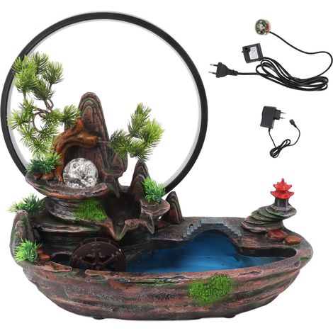 Fontaine de table intérieure avec plantes, lampe de montagne en résine, cascade de bureau en boucle, décoration pour bureau, cadeau de pendaison de crémaillère, 100V-240V prise EU (1/5)